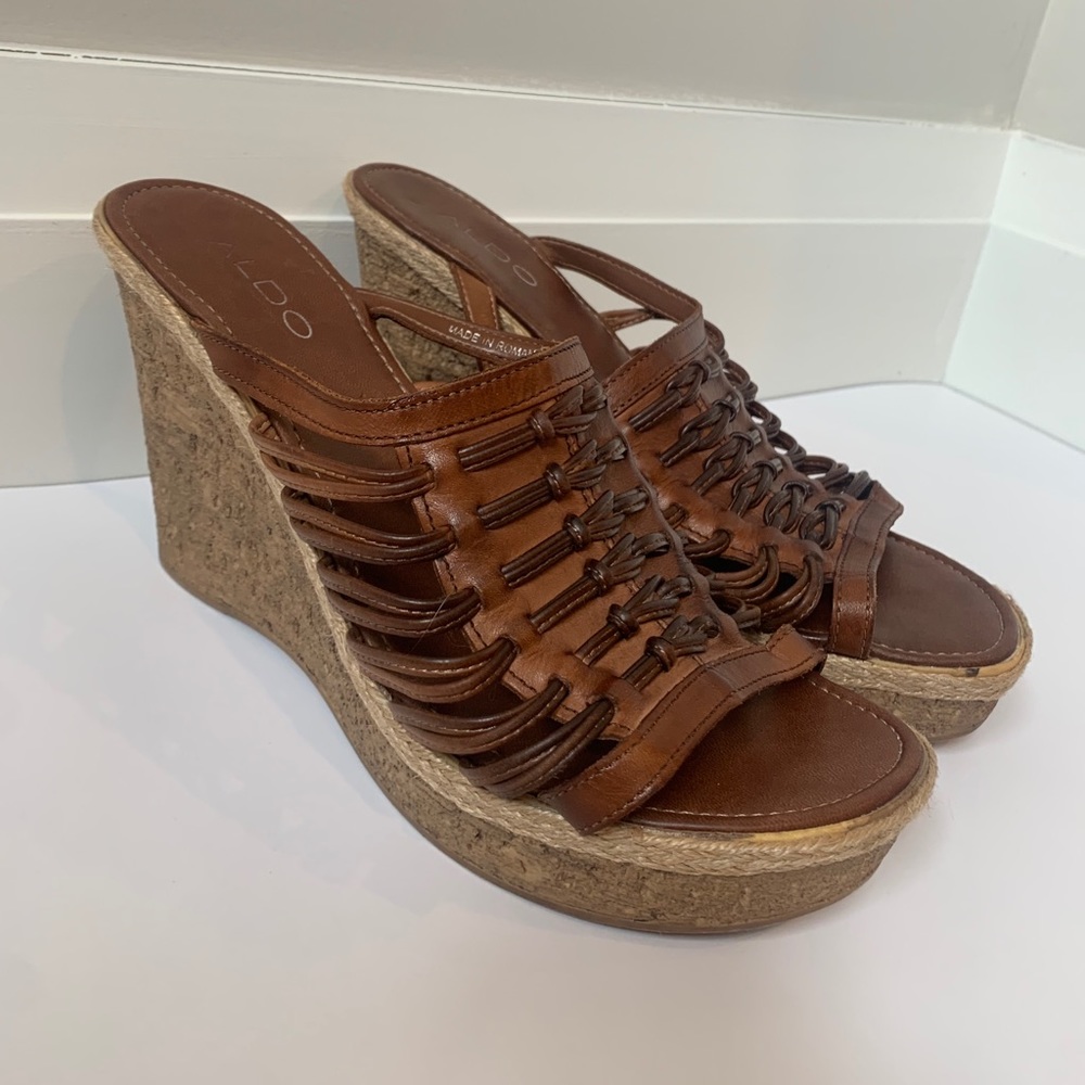 ALDO Brown Leather Boho Cork Wedge Heels W10